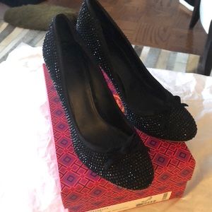 Tory Burch black rhinestone pumps